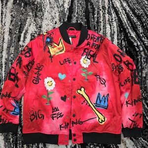 Roku Studio red and black bomber jacket with Tupac inspired graphic on the back